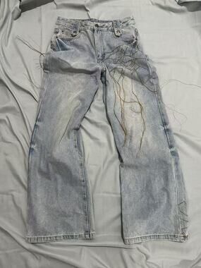 Japanese Brand Spider Web Embroidered Baggy Blue Denim Wide-Leg Jeans Size 32